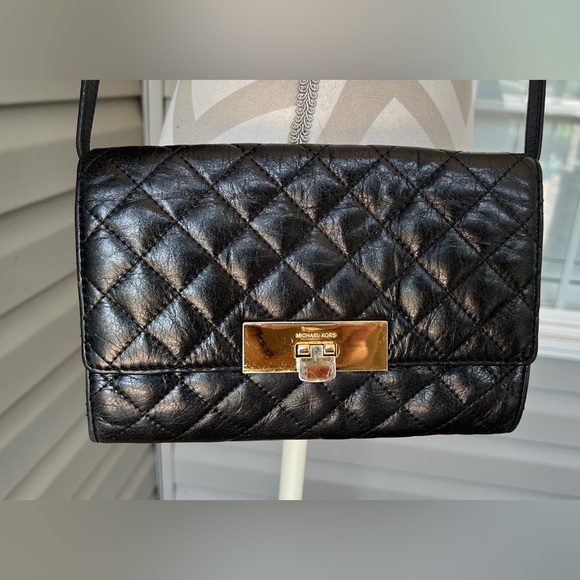 Michael Kors Leather Susannah Lock Clutch Crossbody Black - Picture 5 of 14